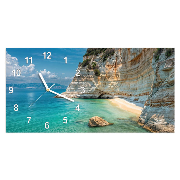 Wanduhr Küstenparadies aus Glas – Querformat 60 × 30 cm mit Ziffernblatt Modern