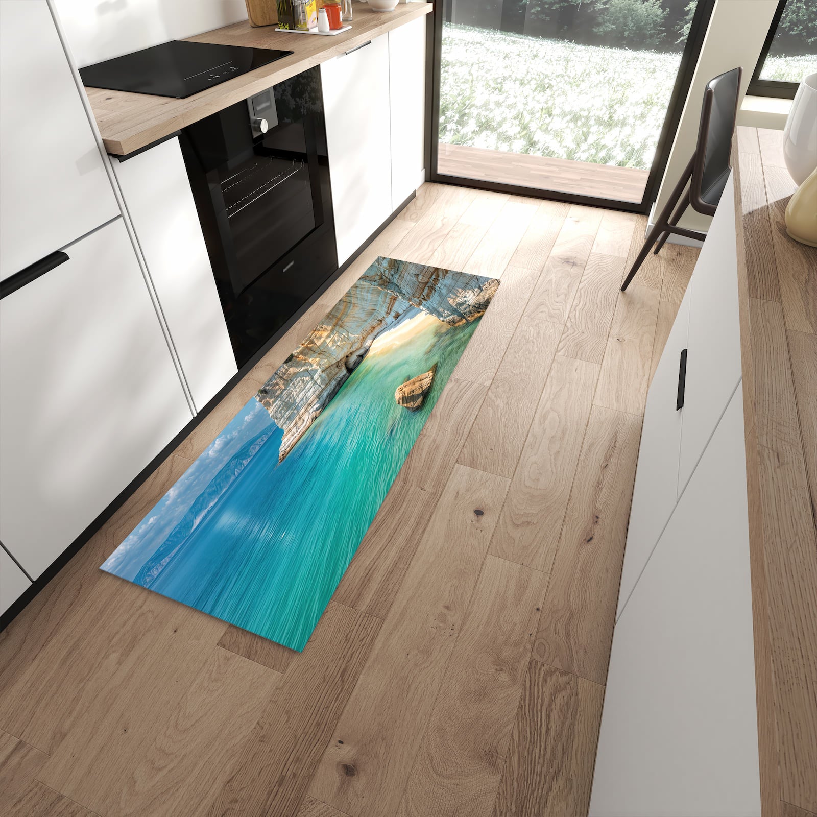 Abriebfester waschbarer Teppich fürs Esszimmer mit Motiv Küstenparadies in moderner Küche