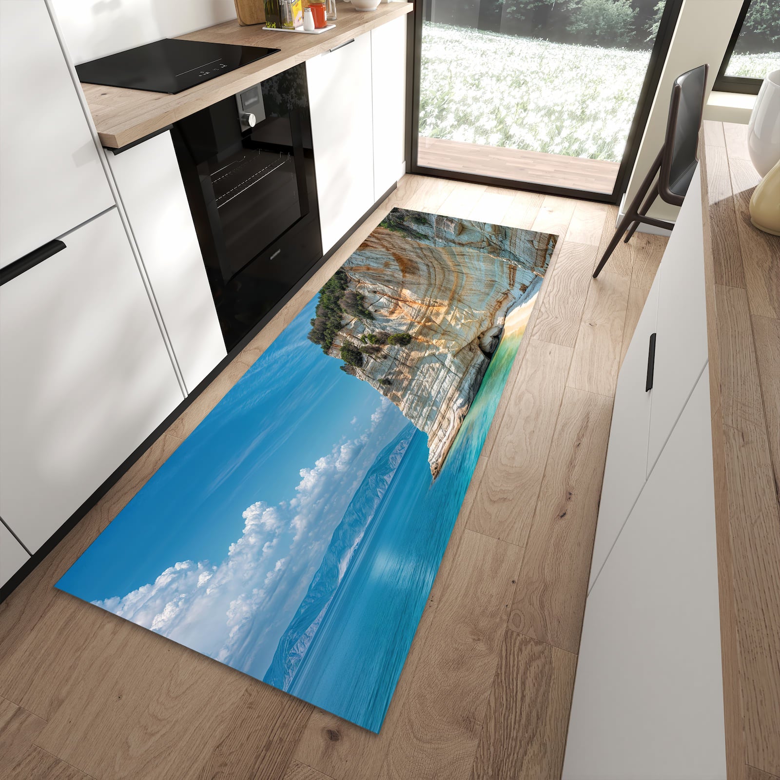Komfortabler waschbarer Küchenteppich mit Motiv Küstenparadies in moderner Küche