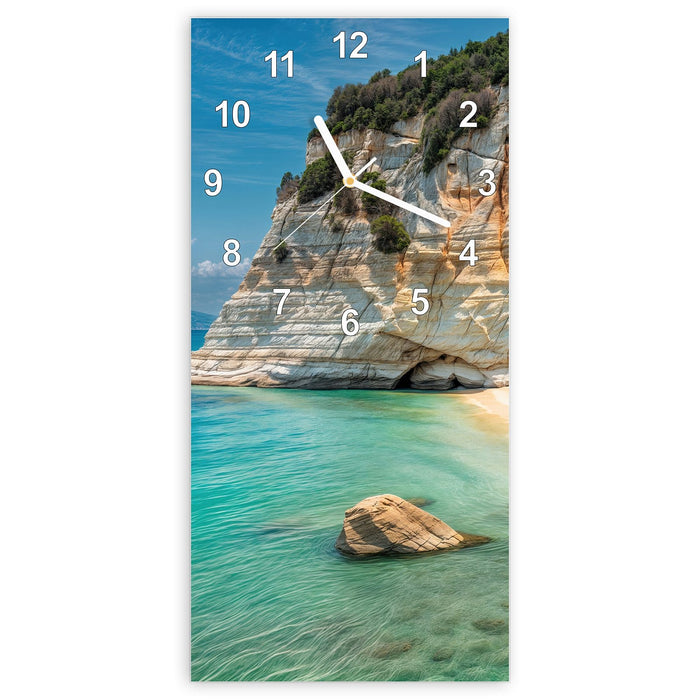 Wanduhr Küstenparadies aus Glas – Hochformat 30 × 60 cm mit Ziffernblatt Modern