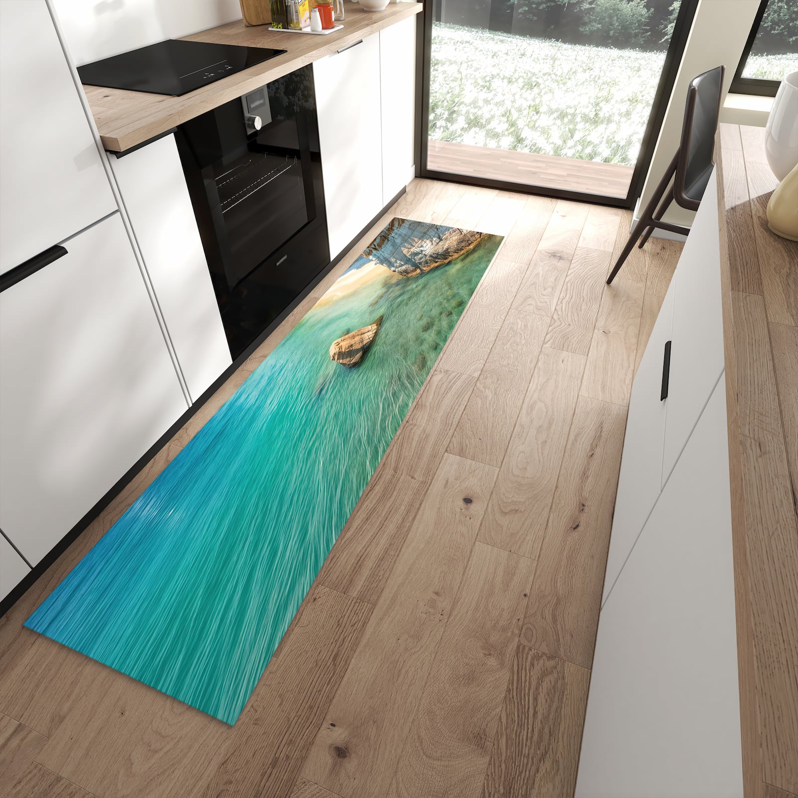 UV-beständiger waschbarer Teppich für Esstisch mit Motiv Küstenparadies in moderner Küche