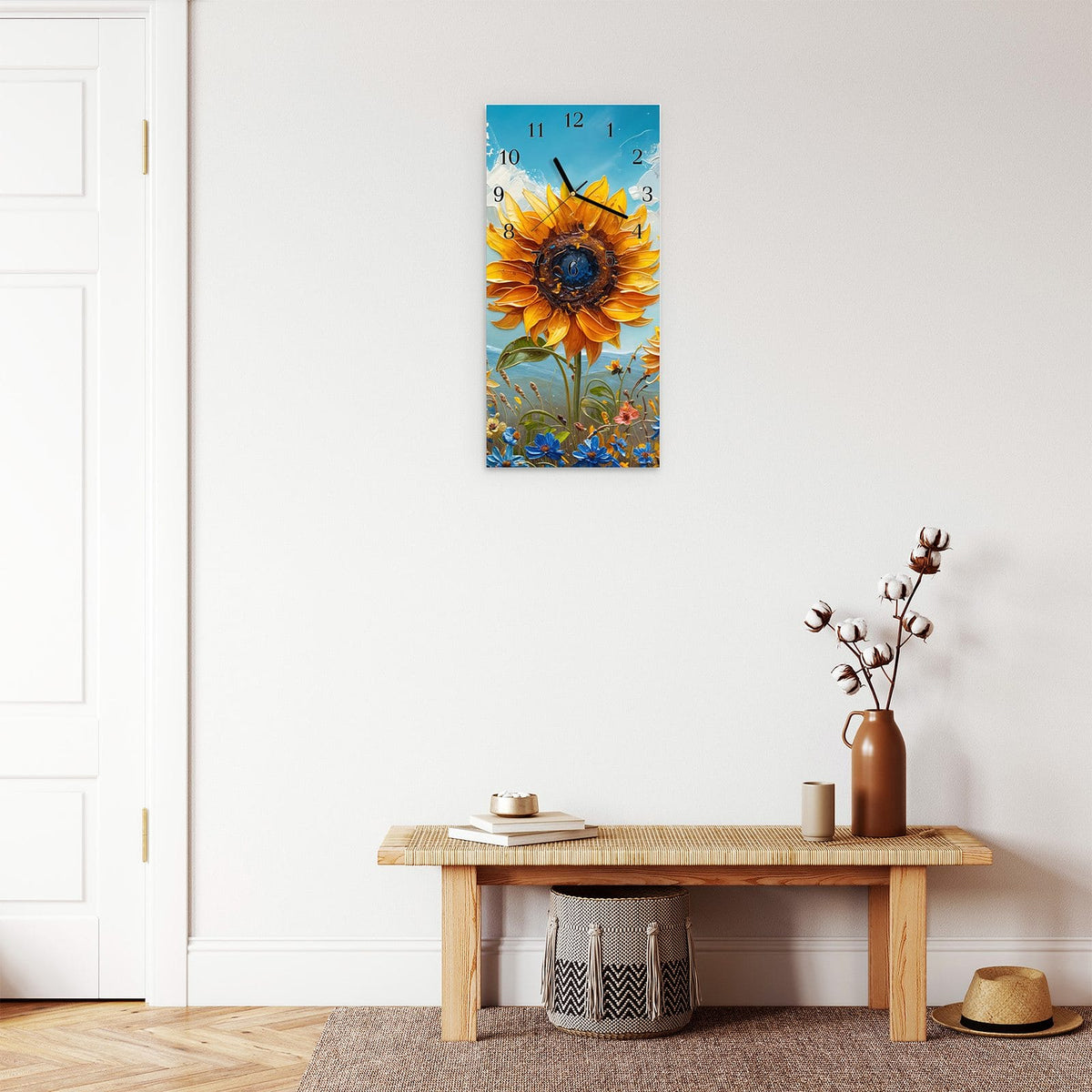 Moderne Wanduhr aus Glas mit Farbtiefe – Wanduhr Sonnenblumenwiese aus Glas – Hochformat 30 × 60 cm