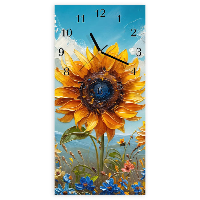 Wanduhr Sonnenblumenwiese aus Glas – Hochformat 30 × 60 cm mit Ziffernblatt Klassisch