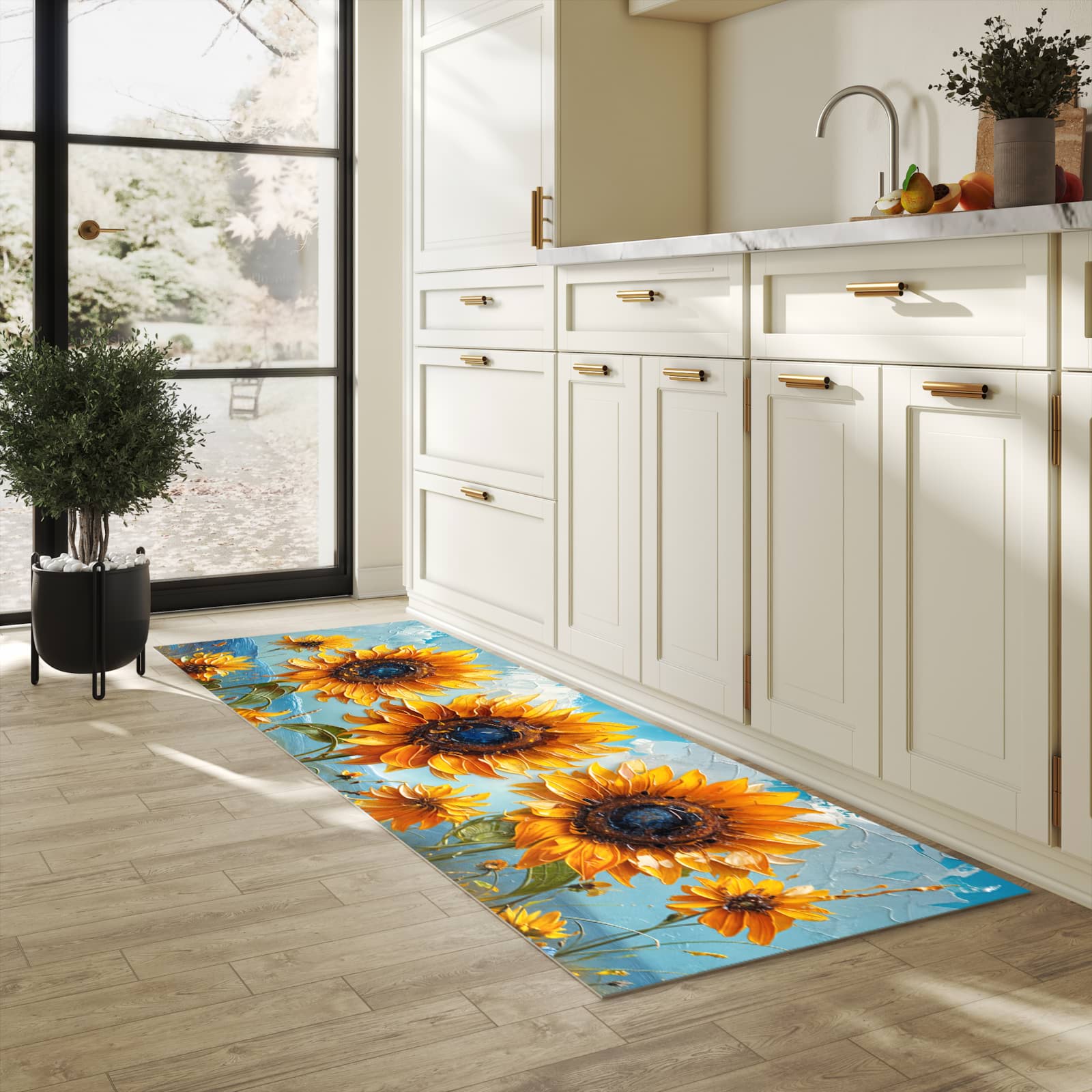 Rutschfester Küchenläufer mit Motiv Sonnenblumenwiese in heller Küche zum Waschen