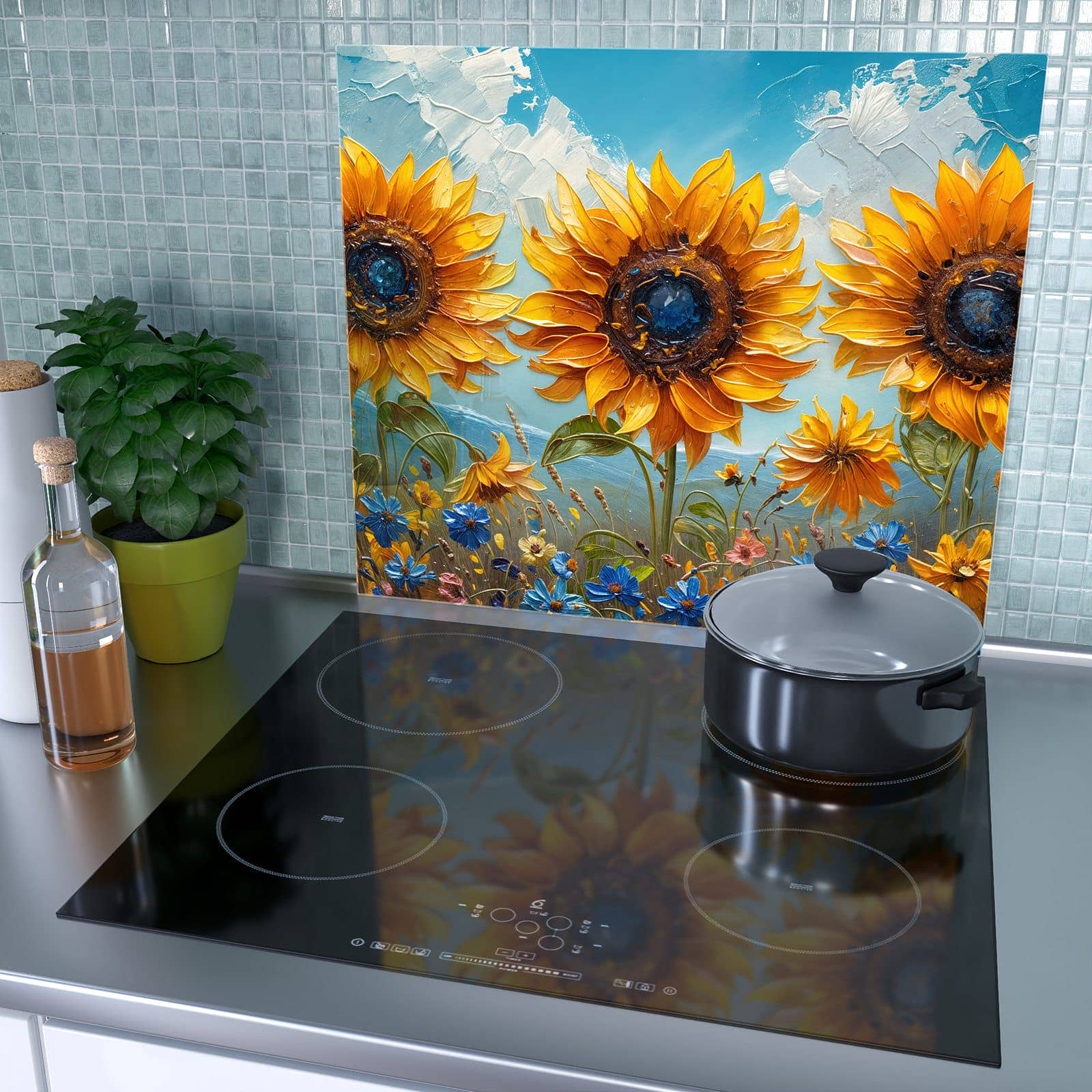 1-teilige Ceranfeldabdeckung mit Sonnenblumenwiese-Motiv als Spritzschutz hinter dem Kochfeld
