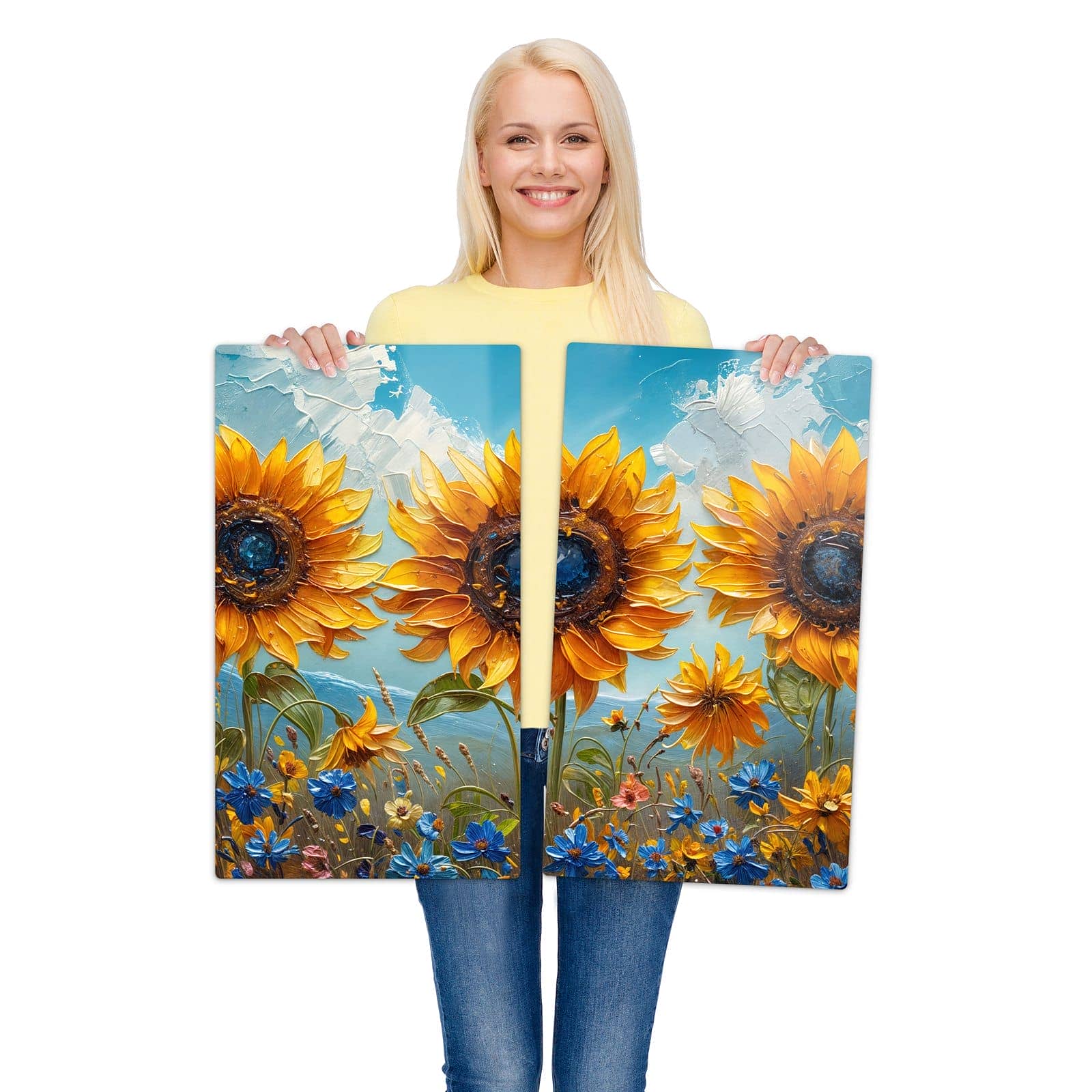 2-teilige Abdeckplatte für Ceranfeld mit Sonnenblumenwiese-Motiv wird zur Größendarstellung gehalten