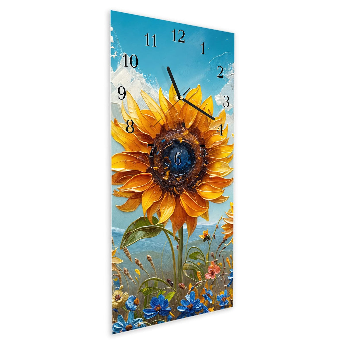 Vormontiert – mit Schwebeeffekt – Wanduhr Sonnenblumenwiese aus Glas – Hochformat 30 × 60 cm