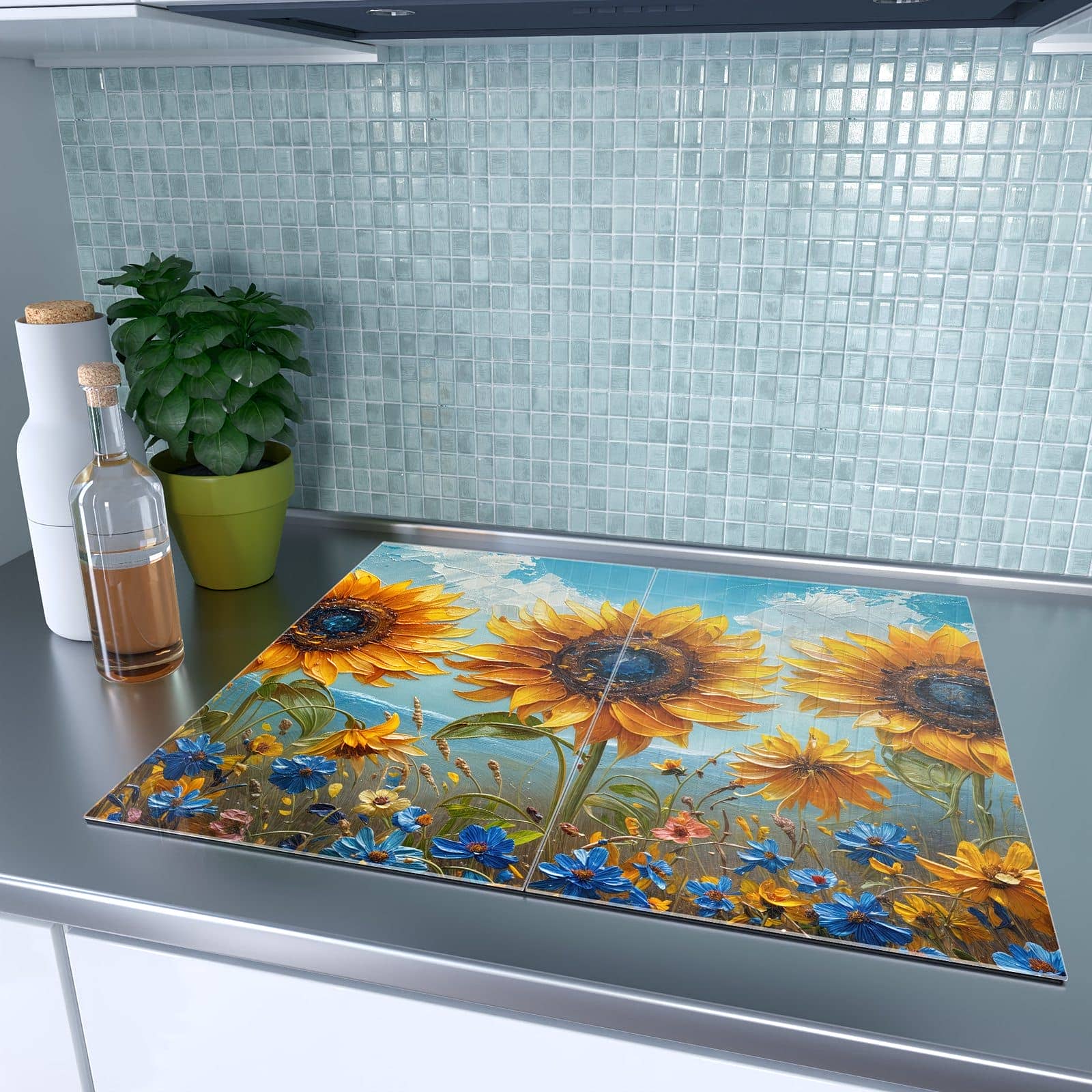 2-teilige Glasplatte für Herd mit Sonnenblumenwiese-Motiv auf dem Ceranfeld