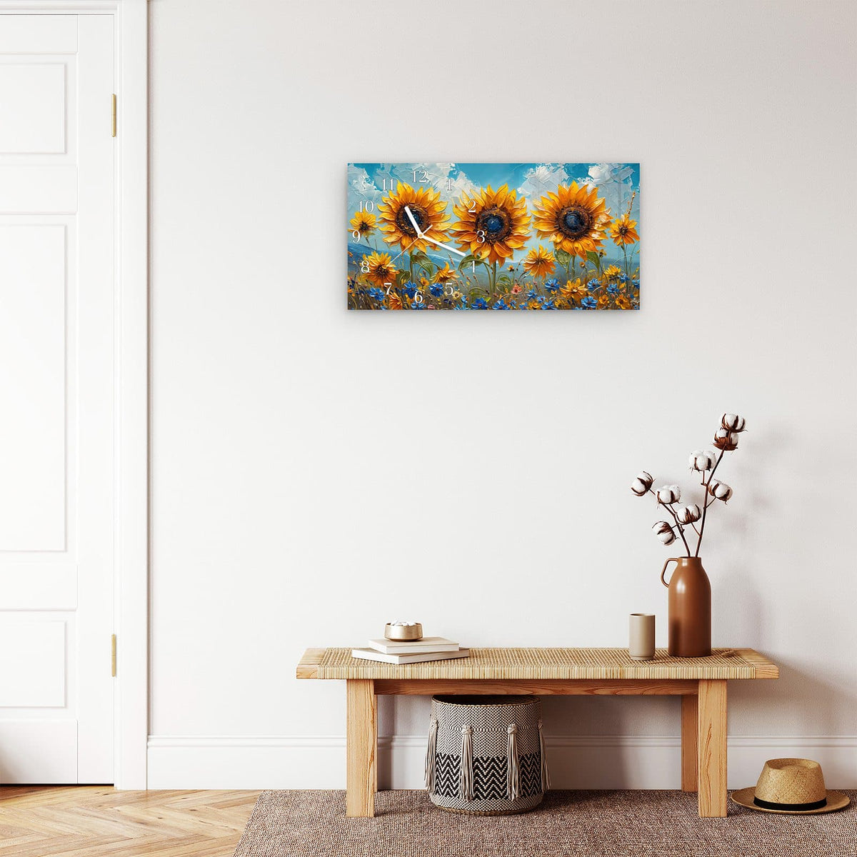 Moderne Wanduhr aus Glas mit Farbtiefe – Wanduhr Sonnenblumenwiese aus Glas – Querformat 60 × 30 cm