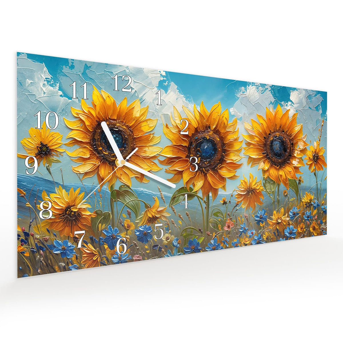 Vormontiert – mit Schwebeeffekt – Wanduhr Sonnenblumenwiese aus Glas – Querformat 60 × 30 cm