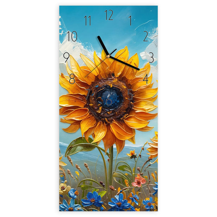 Wanduhr Sonnenblumenwiese aus Glas – Hochformat 30 × 60 cm mit Ziffernblatt Elegant