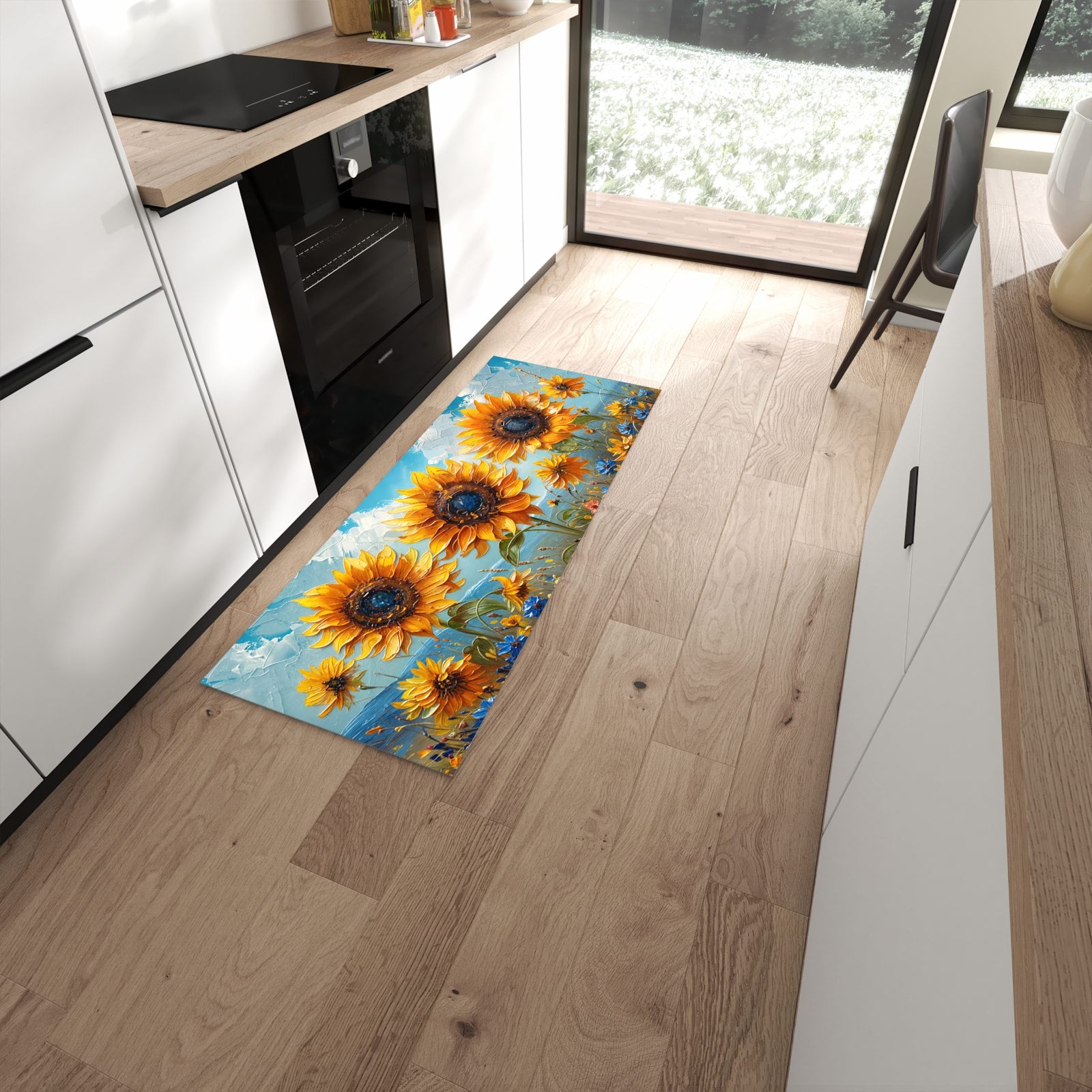 Hygienischer Küchenteppich mit Motiv Sonnenblumenwiese in moderner Küche #grösse_60 x 150 cm