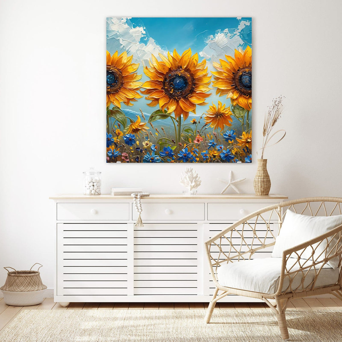 Glasbild Sonnenblumenwiese an der Wand – Pastos gemalte Sonnenblumen über einer Wiese mit blauen Kornblumen unter blauem Himmel