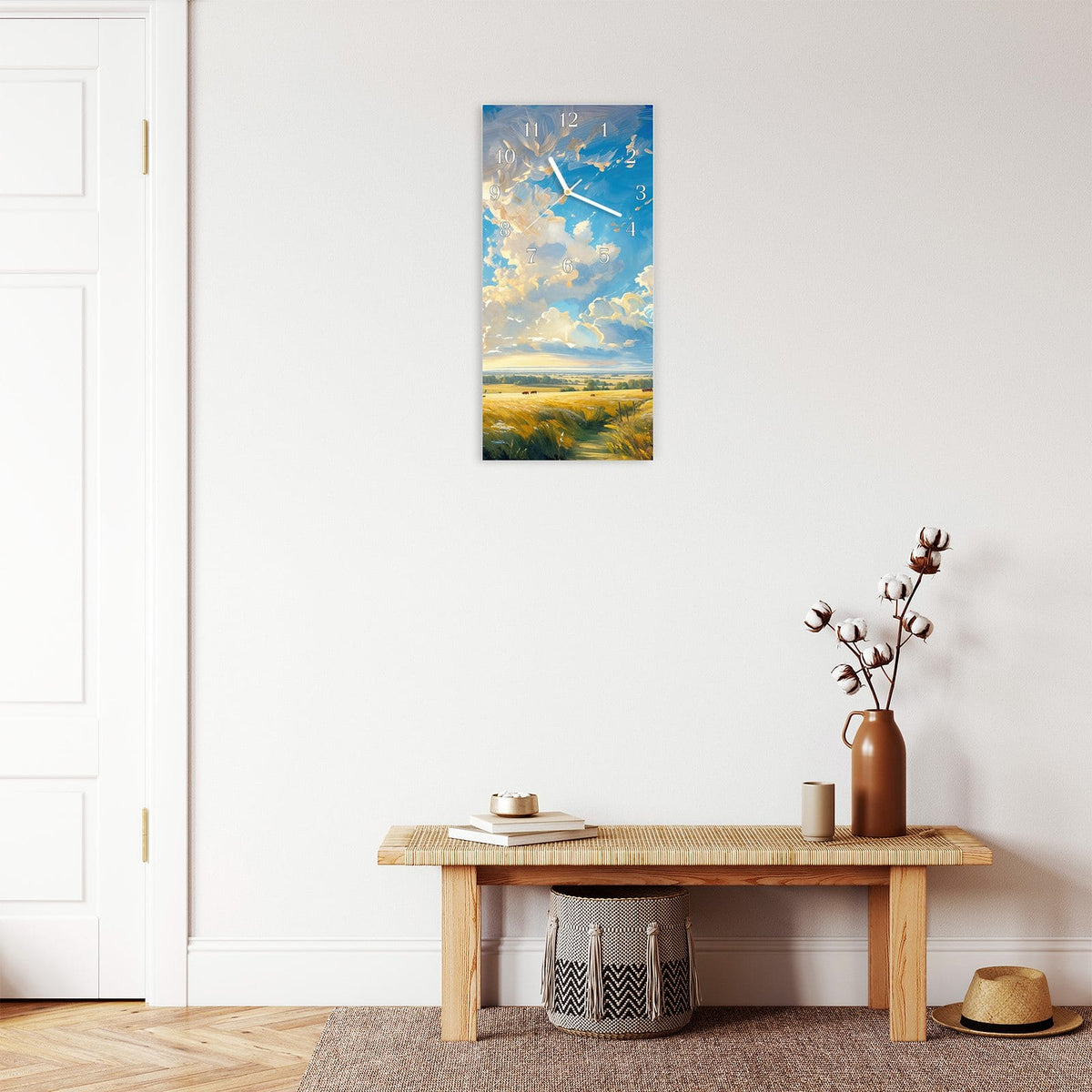 Moderne Wanduhr aus Glas mit Farbtiefe – Wanduhr Landschaft mit Wolken aus Glas – Hochformat 30 × 60 cm