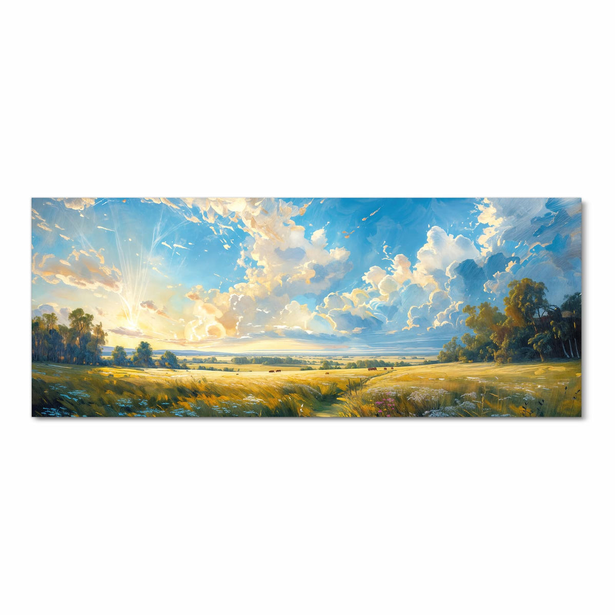 Gemaltes goldenes Feld mit Pfad und Kühen unter weitem Wolkenhimmel