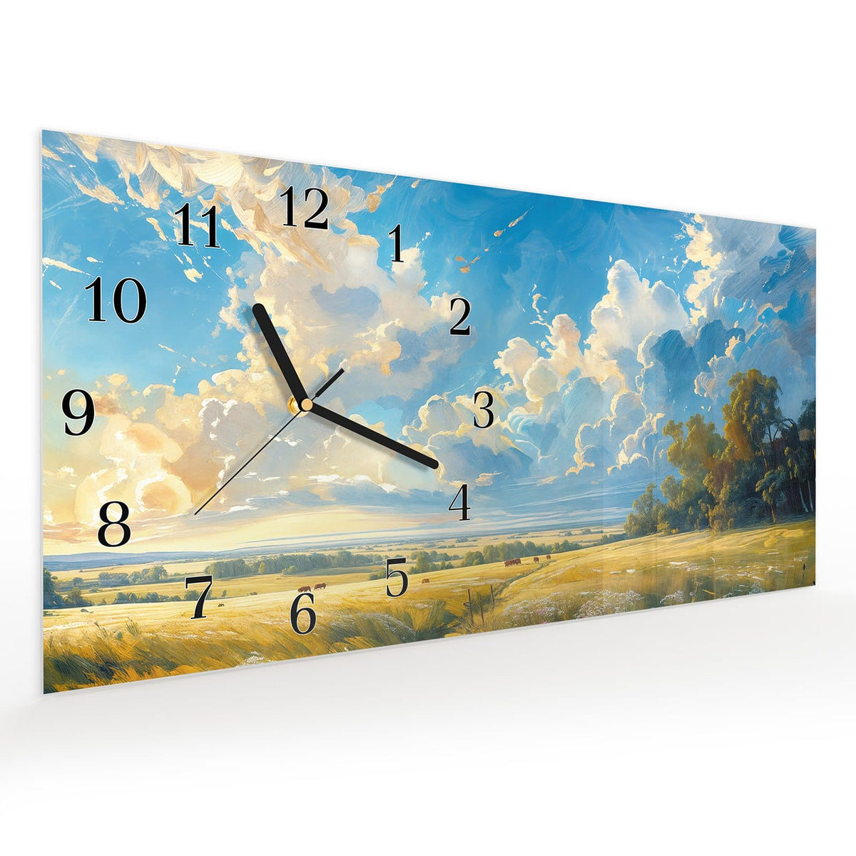 Vormontiert – mit Schwebeeffekt – Wanduhr Landschaft mit Wolken aus Glas – Querformat 60 × 30 cm