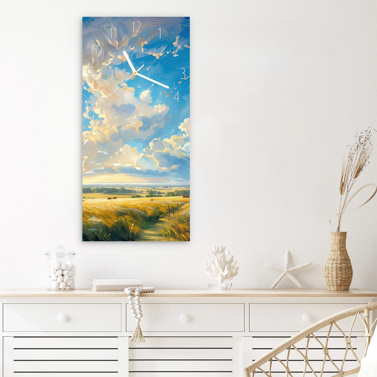 Wanduhr Landschaft mit Wolken aus Glas – Goldenes Feld unter Wolkenhimmel