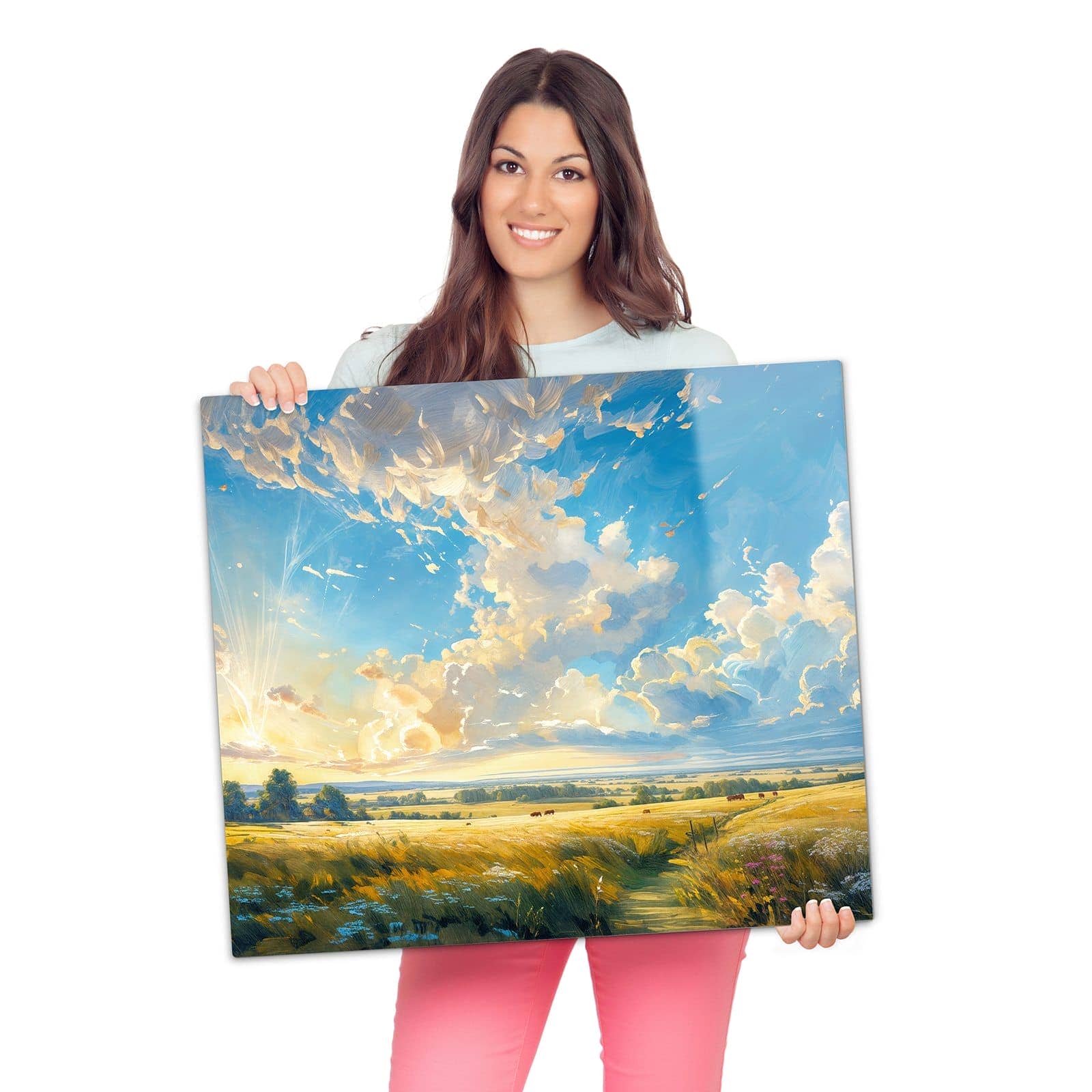 Herdabdeckplatte mit Landschaft mit Wolken-Motiv wird zur Größendarstellung gehalten