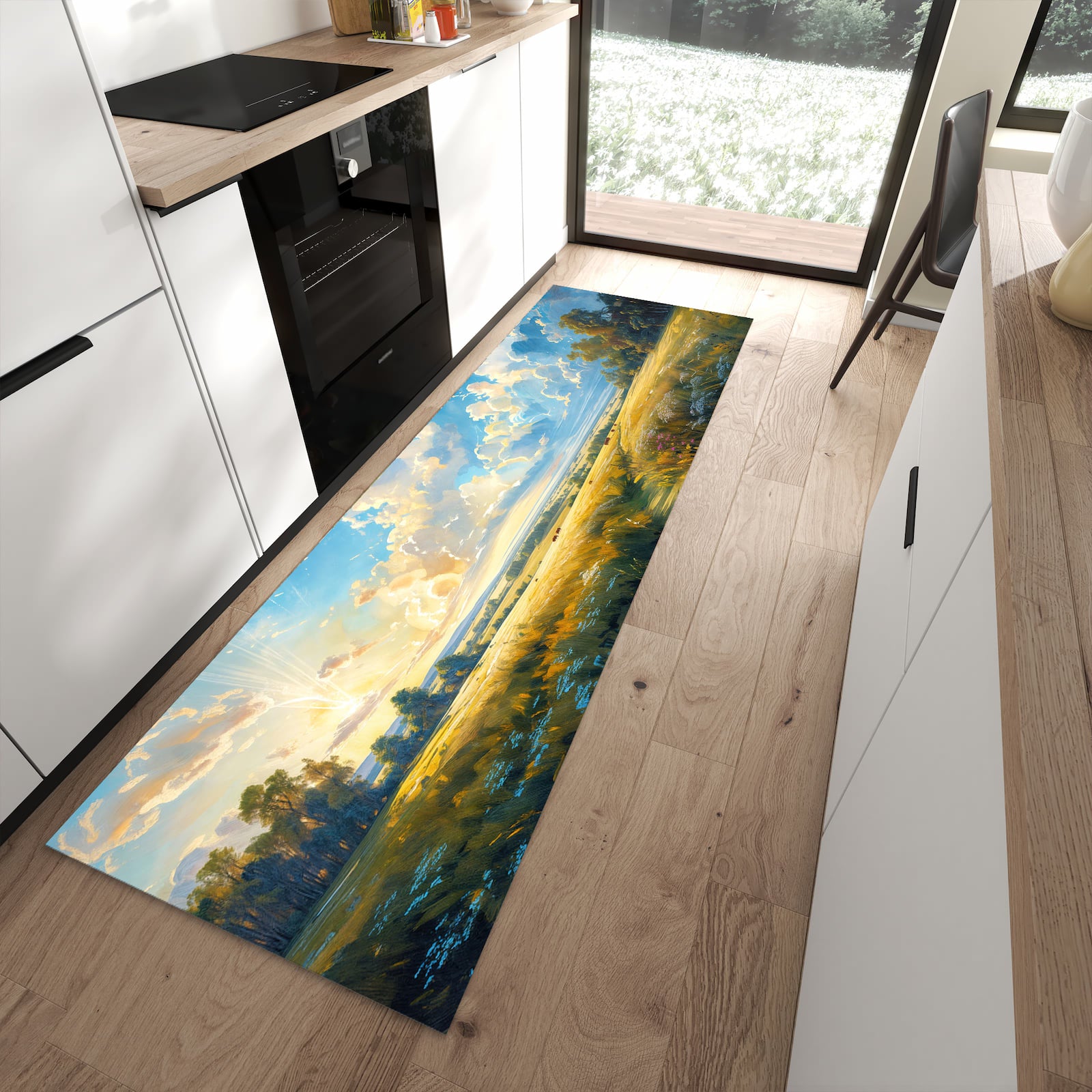 Flacher Küchenteppich mit Motiv Landschaft mit Wolken in moderner Küche