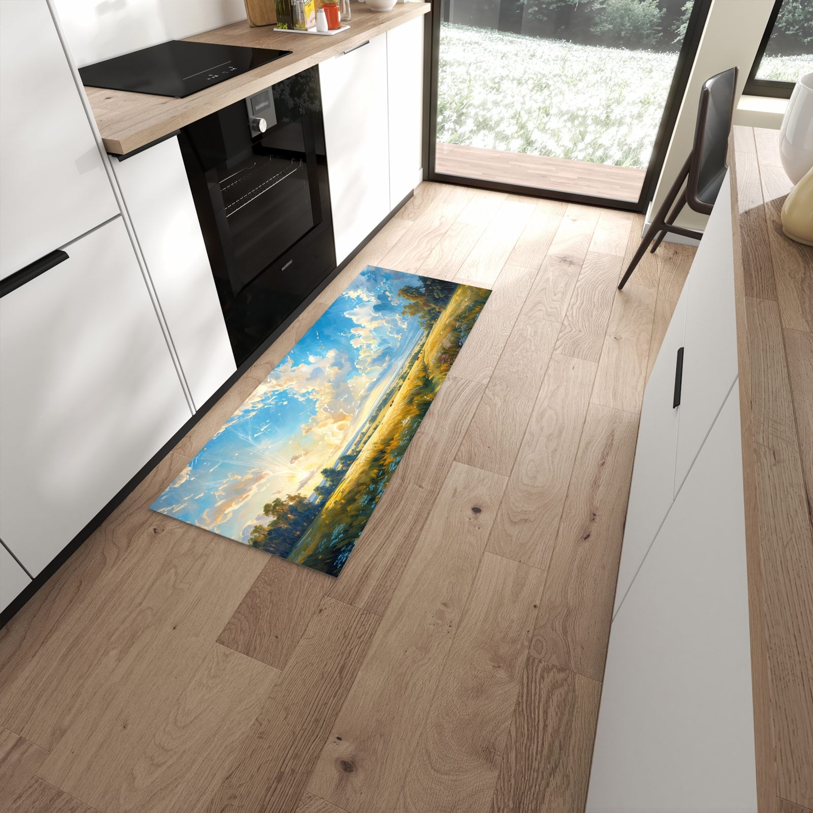 UV-beständiger abwaschbarer Küchenläufer mit Motiv Landschaft mit Wolken in moderner Küche #grösse_60 x 150 cm