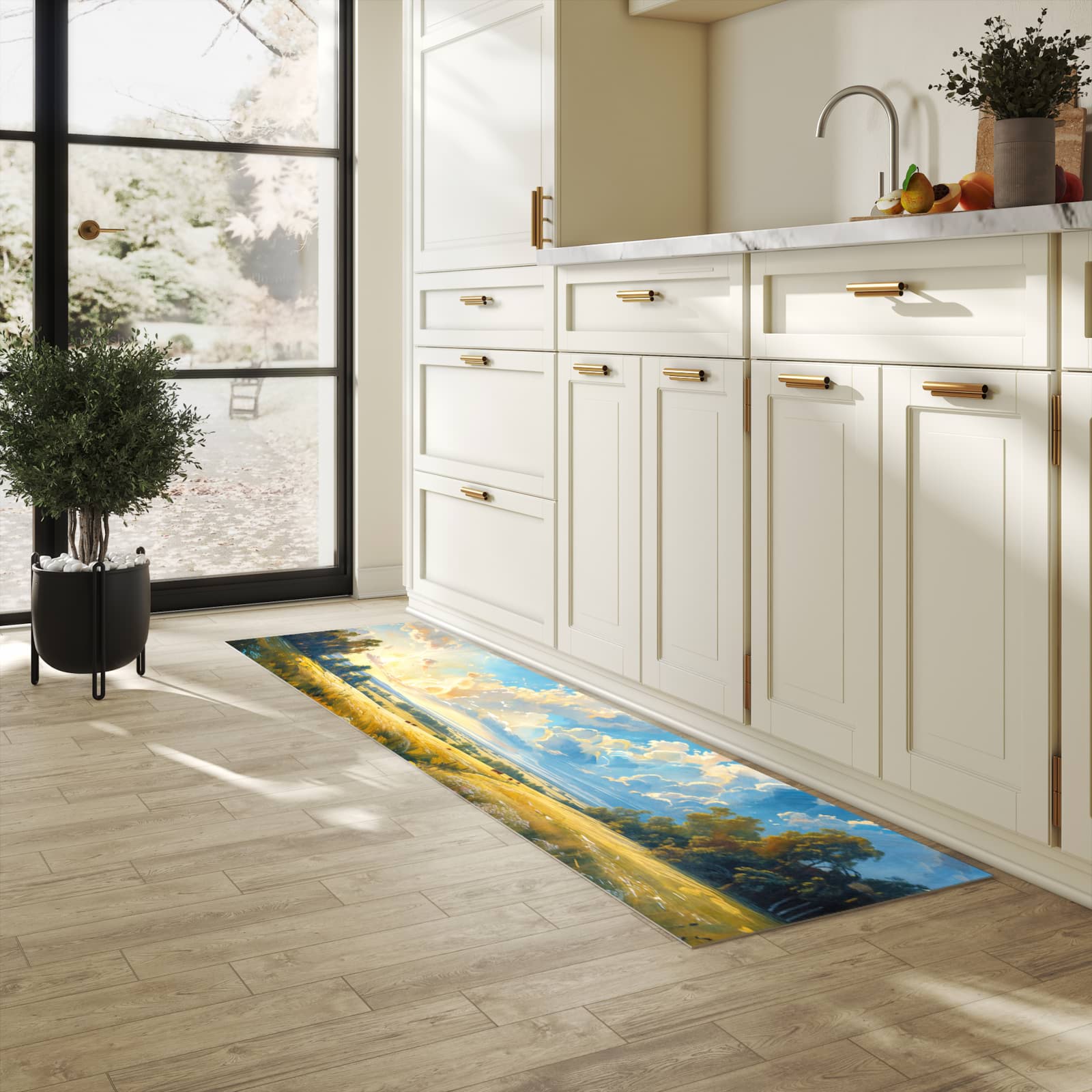 Küchenteppich mit Motiv Landschaft mit Wolken für Ordnung & Übersicht in heller Küche