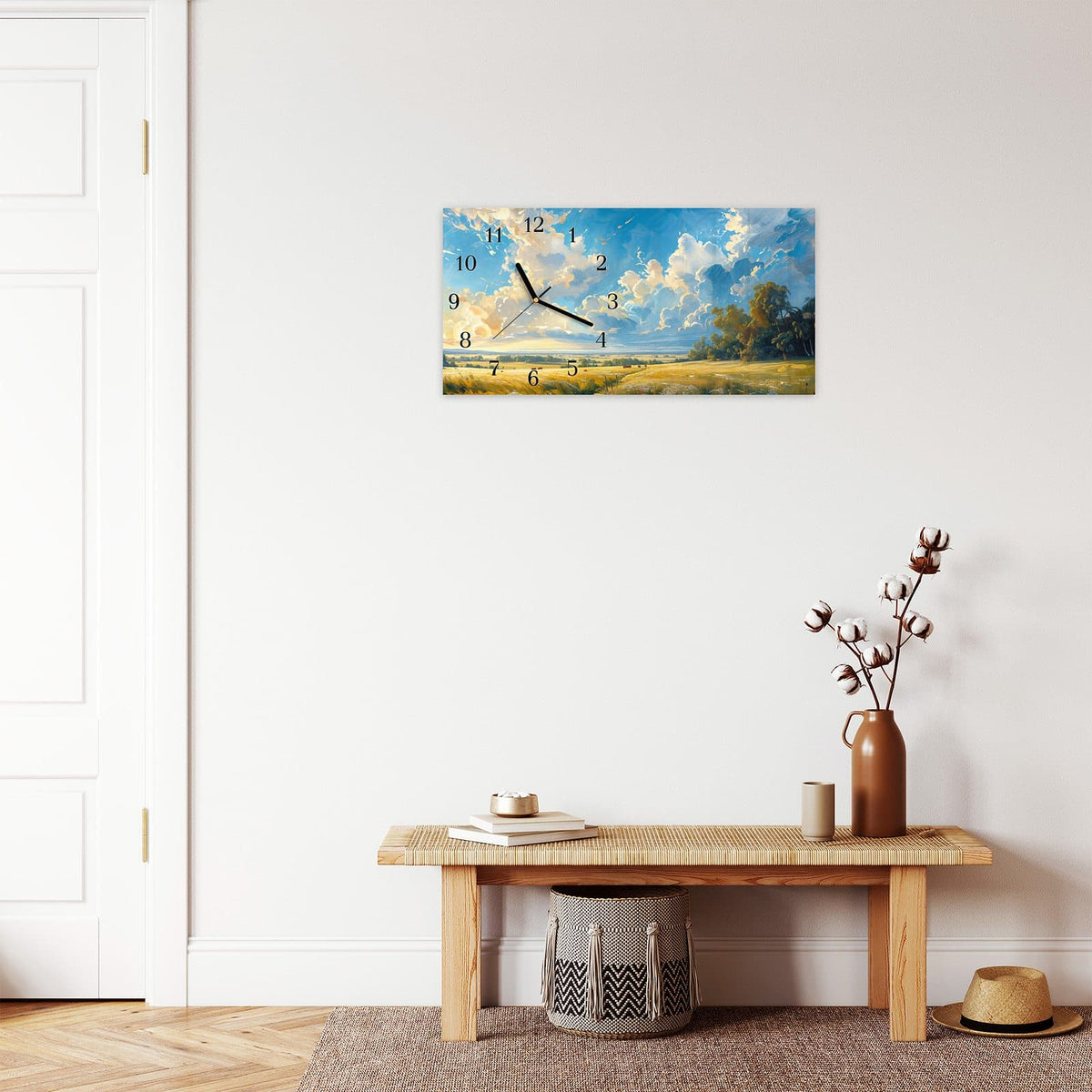 Moderne Wanduhr aus Glas mit Farbtiefe – Wanduhr Landschaft mit Wolken aus Glas – Querformat 60 × 30 cm