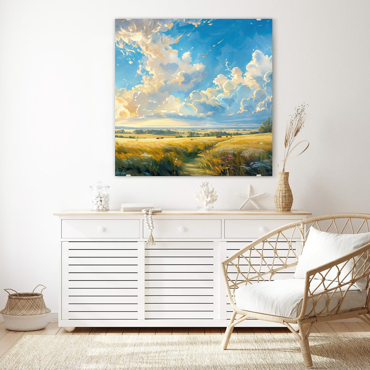 Echtglas, 4 mm – kein Acryl, keine Folie – Wandbild - Wolkenhimmel über Feld - Quadratisch