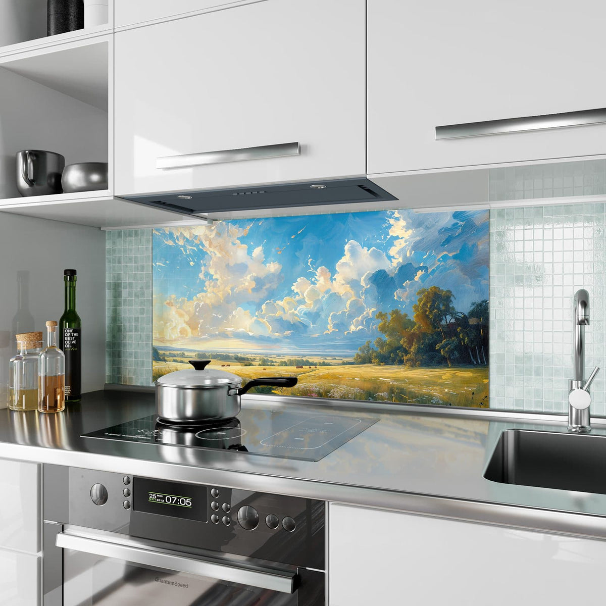 Küchenrückwand aus Glas Wolkenhimmel über Feld im Hochformat als Spritzschutz hinter dem Kochfeld, über dem Fliesenspiegel montiert