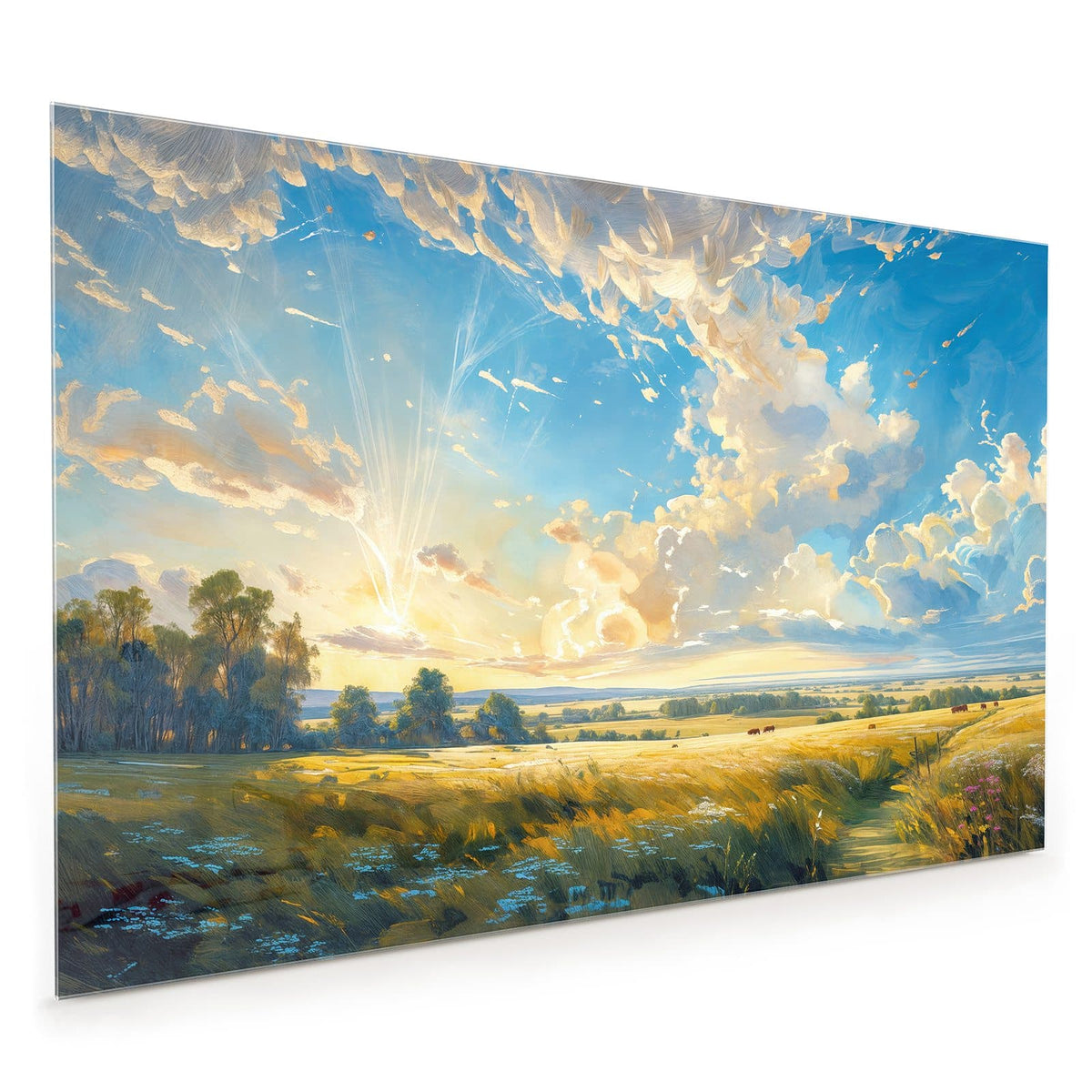 Küchenrückwand aus Glas im Hochformat: Gemaltes goldenes Feld mit Pfad und Kühen unter weitem Wolkenhimmel