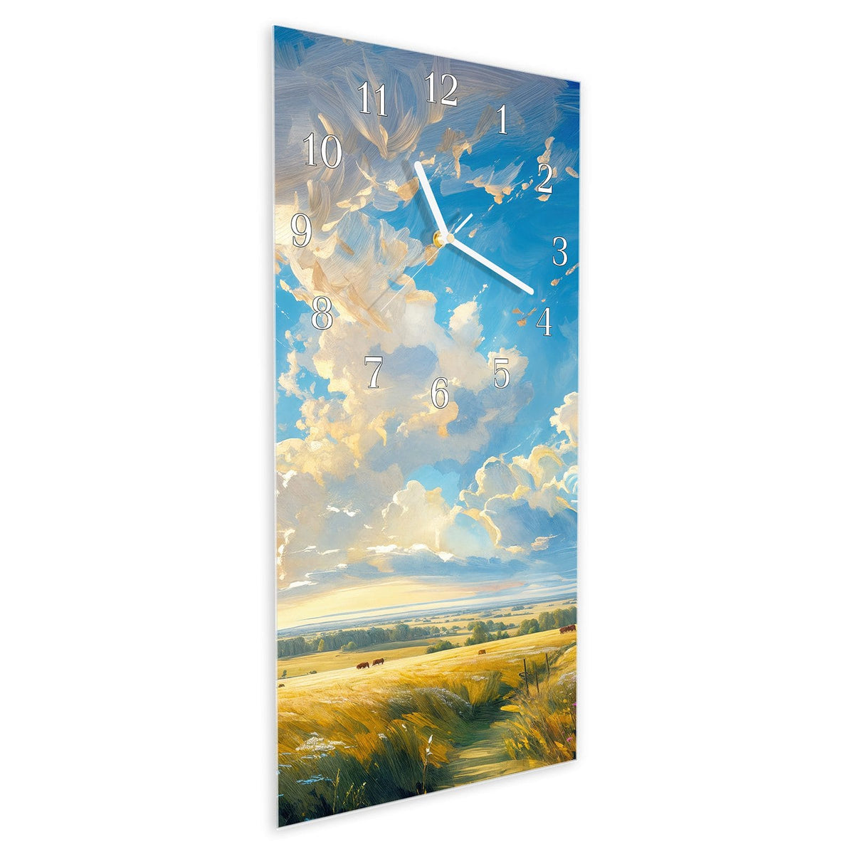 Vormontiert – mit Schwebeeffekt – Wanduhr Landschaft mit Wolken aus Glas – Hochformat 30 × 60 cm