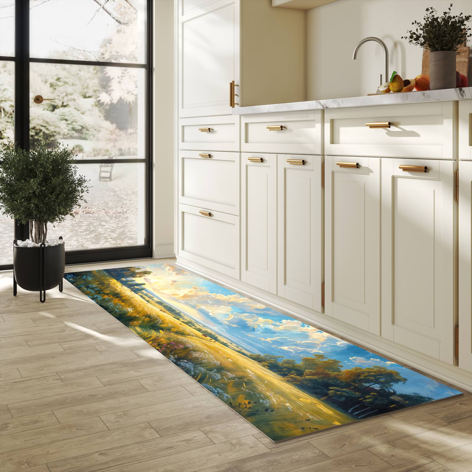 Geräuschdämpfender rutschfester Küchenteppich mit Motiv Landschaft mit Wolken in heller Küche