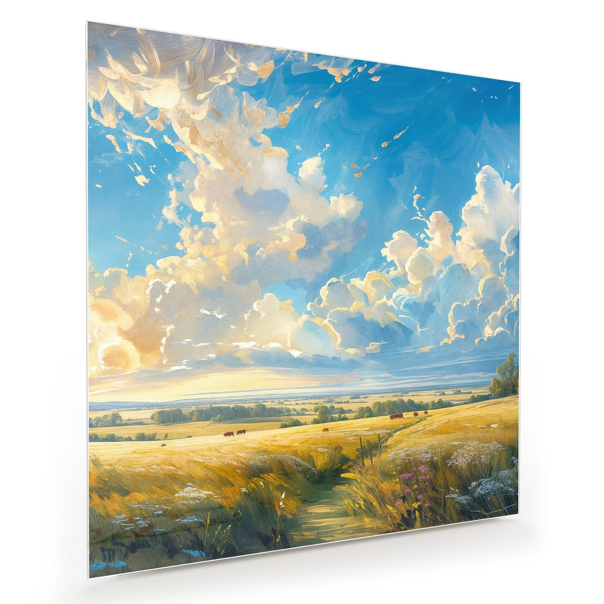 Gemaltes goldenes Feld mit Pfad und Kühen unter weitem Wolkenhimmel
