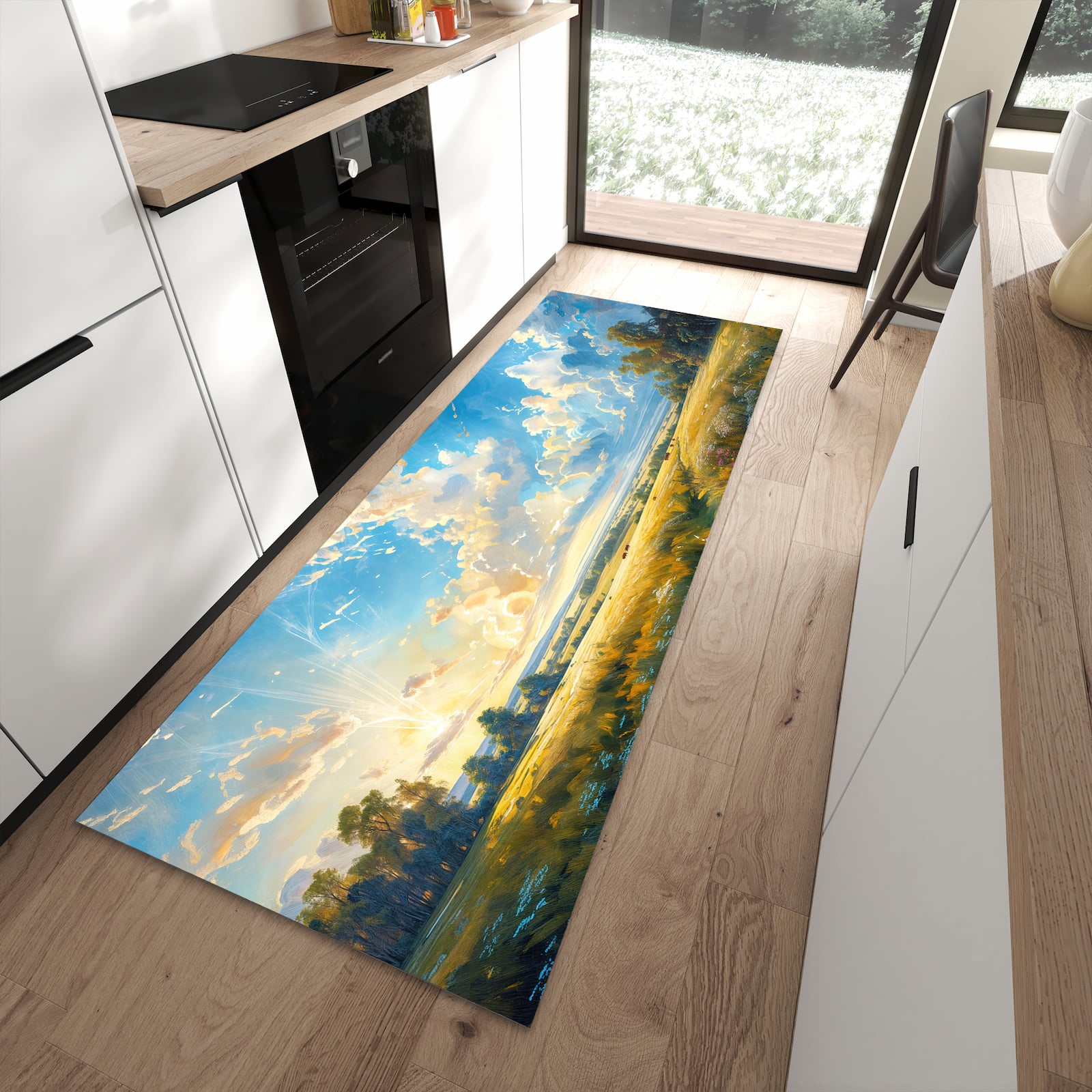 Pflegeleichter Küchenläufer mit Motiv Landschaft mit Wolken in moderner Küche