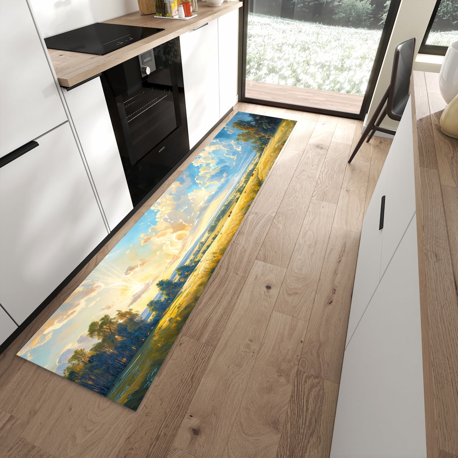 Fleckenresistenter Küchenteppich mit Motiv Landschaft mit Wolken in moderner Küche