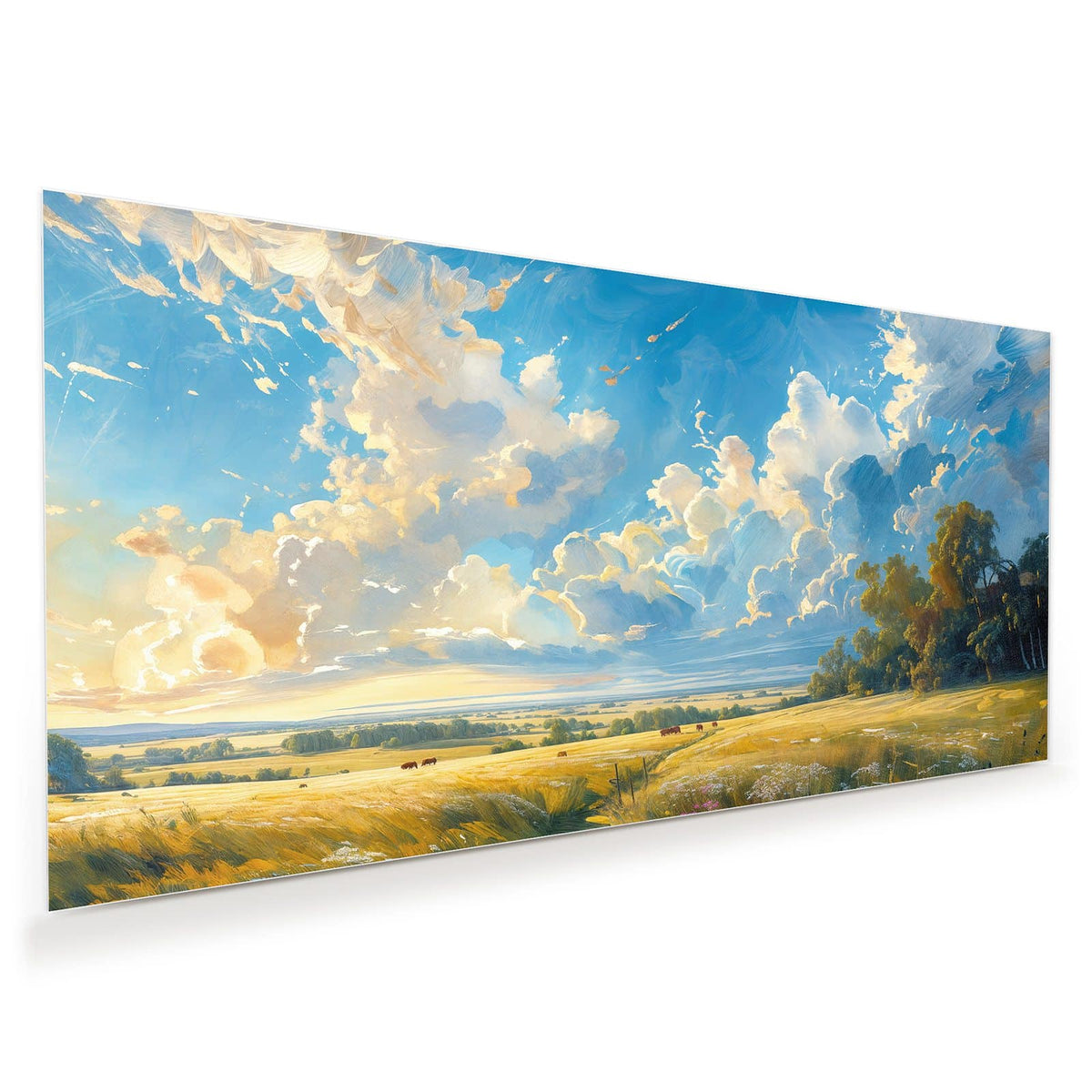 Gemaltes goldenes Feld mit Pfad und Kühen unter weitem Wolkenhimmel