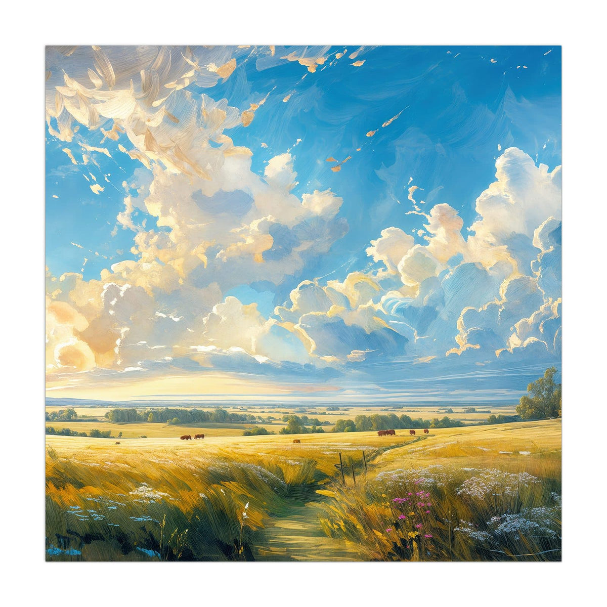 Küchenrückwand aus Glas Wolkenhimmel über Feld im quadratischen Format, Motiv bildfüllend von vorn