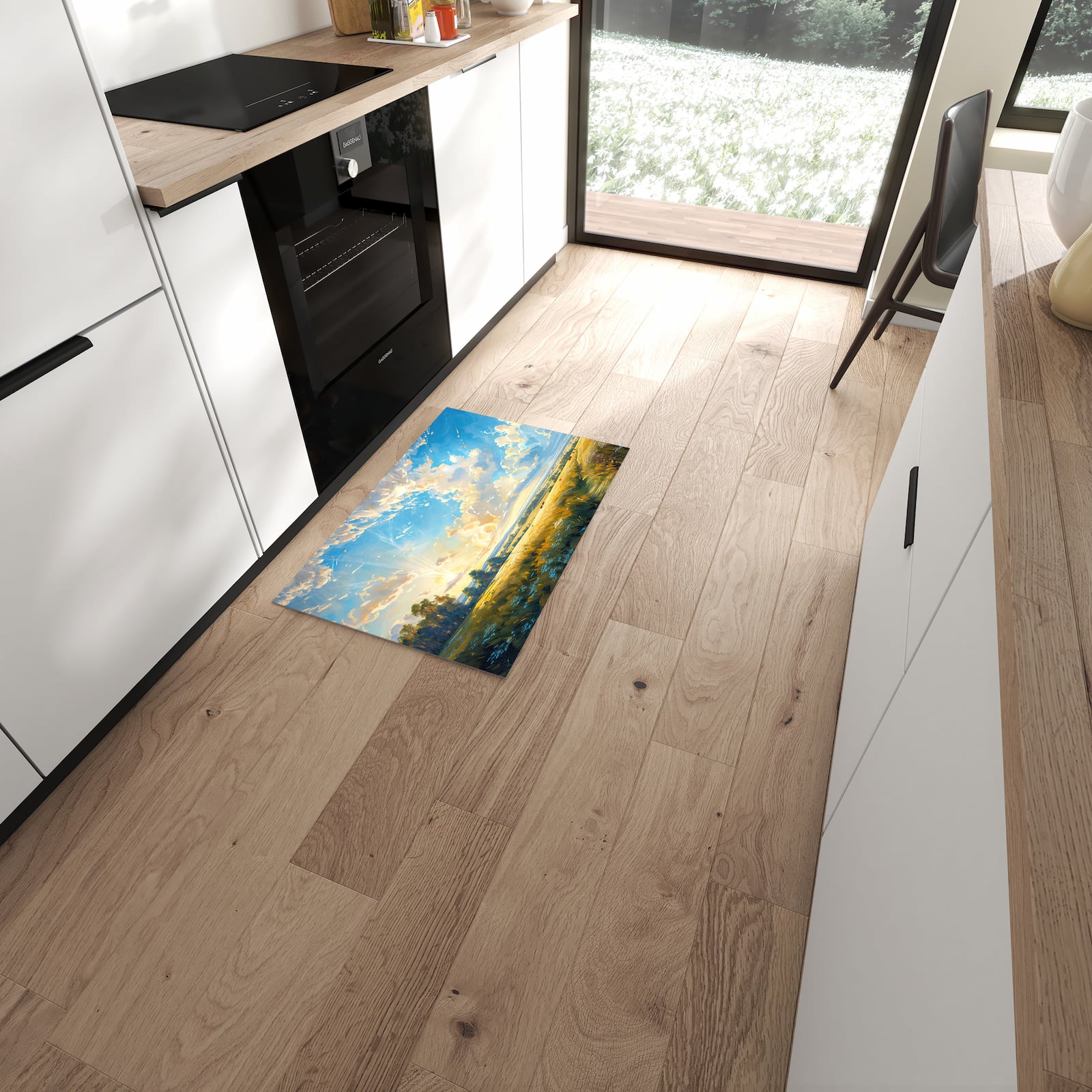 Geruchsneutraler Küchenteppich mit Motiv Landschaft mit Wolken in moderner Küche