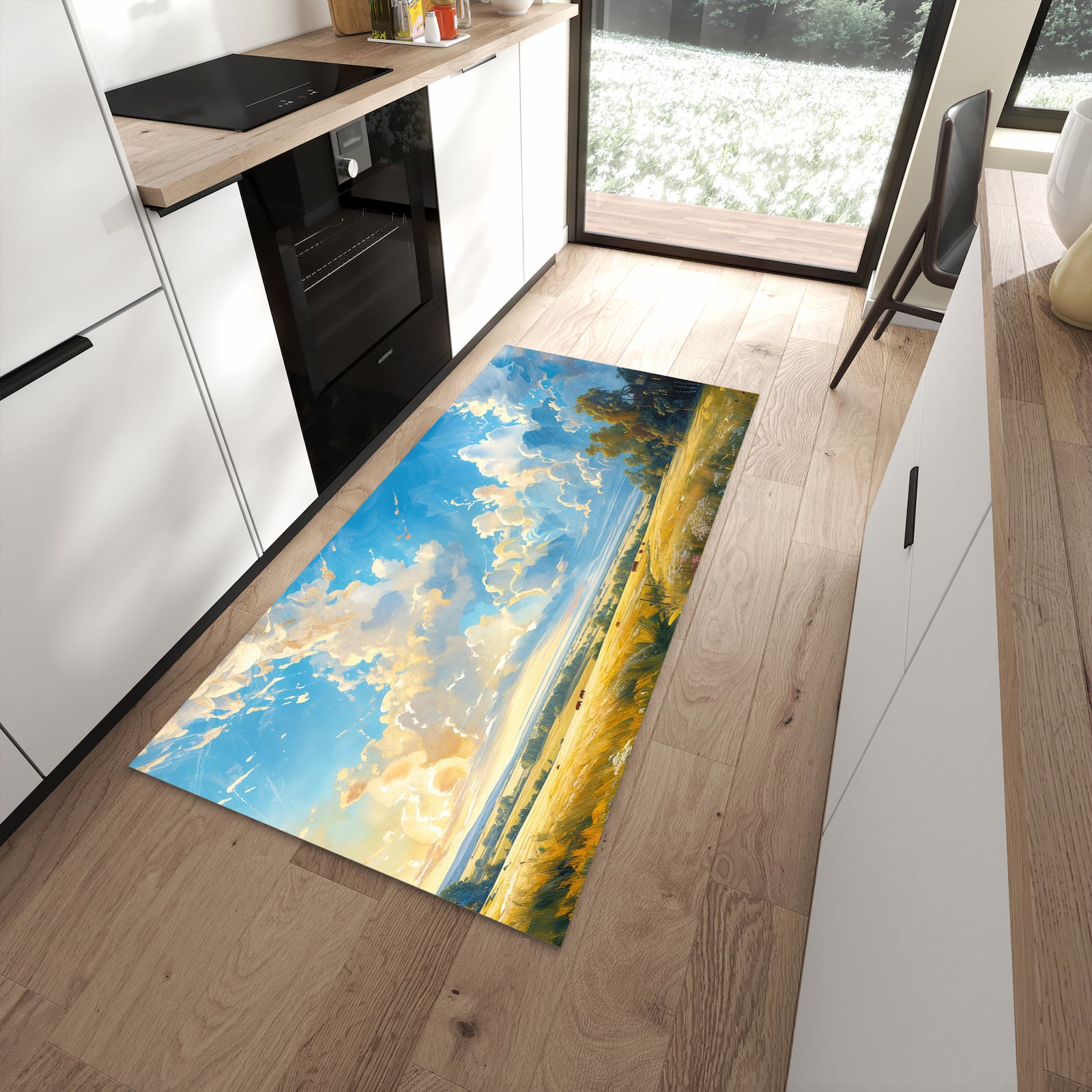 Rutschfester Küchenläufer mit Motiv Landschaft mit Wolken in moderner Küche