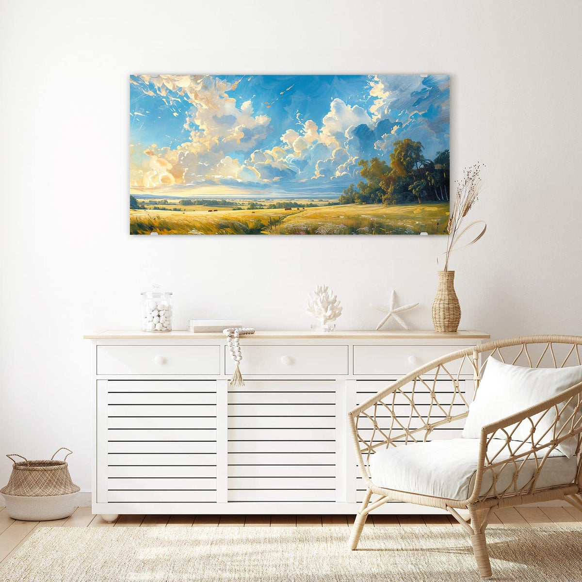 Echtglas, 4 mm – kein Acryl, keine Folie – Wandbild - Wolkenhimmel über Feld - Querformat