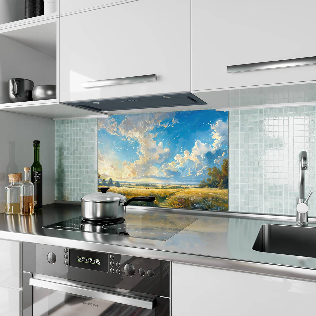 Küchenrückwand aus Glas Wolkenhimmel über Feld im Hochformat als Spritzschutz hinter dem Kochfeld, über dem Fliesenspiegel montiert