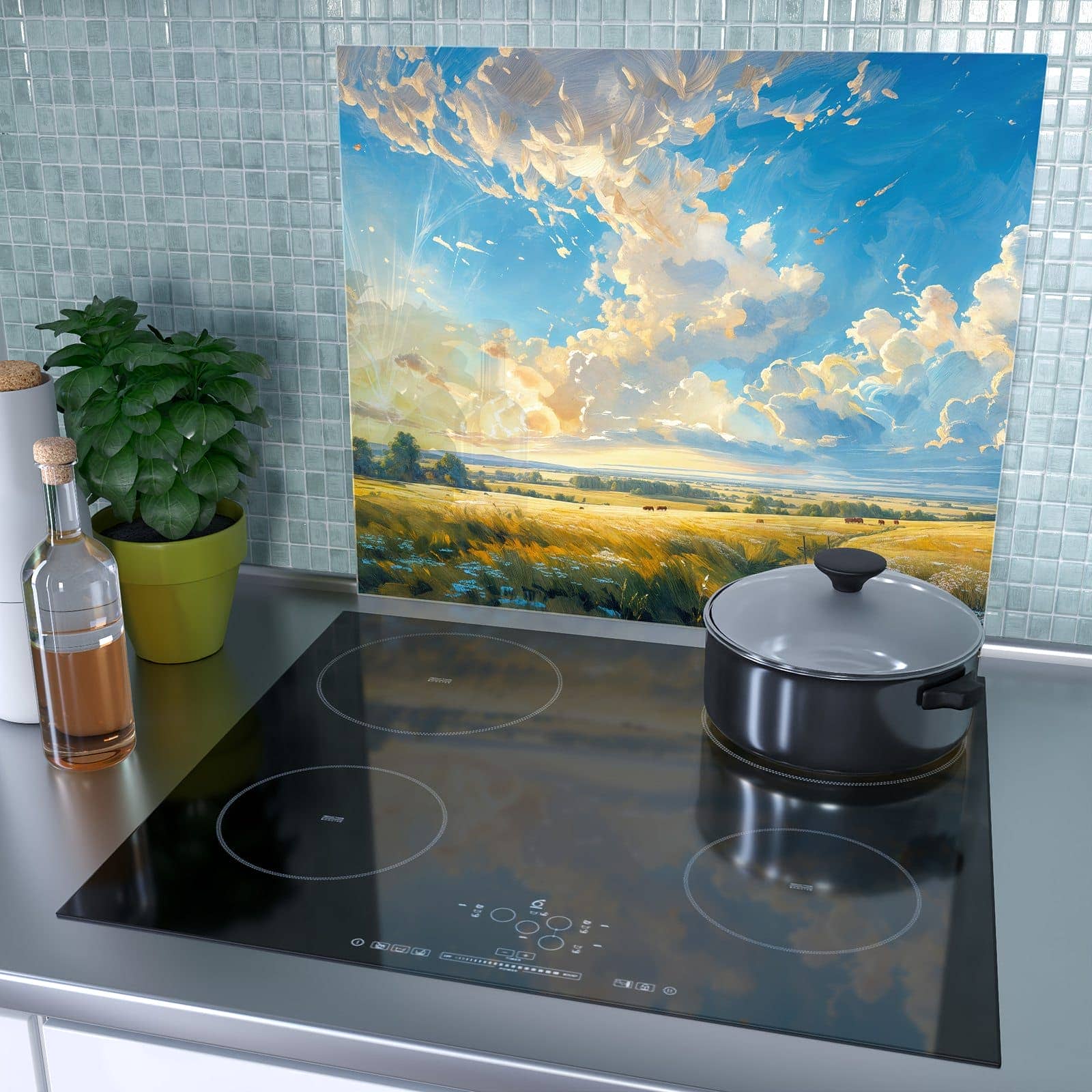 1-teilige Herdabdeckplatte mit Landschaft mit Wolken-Motiv als Spritzschutz hinter dem Kochfeld