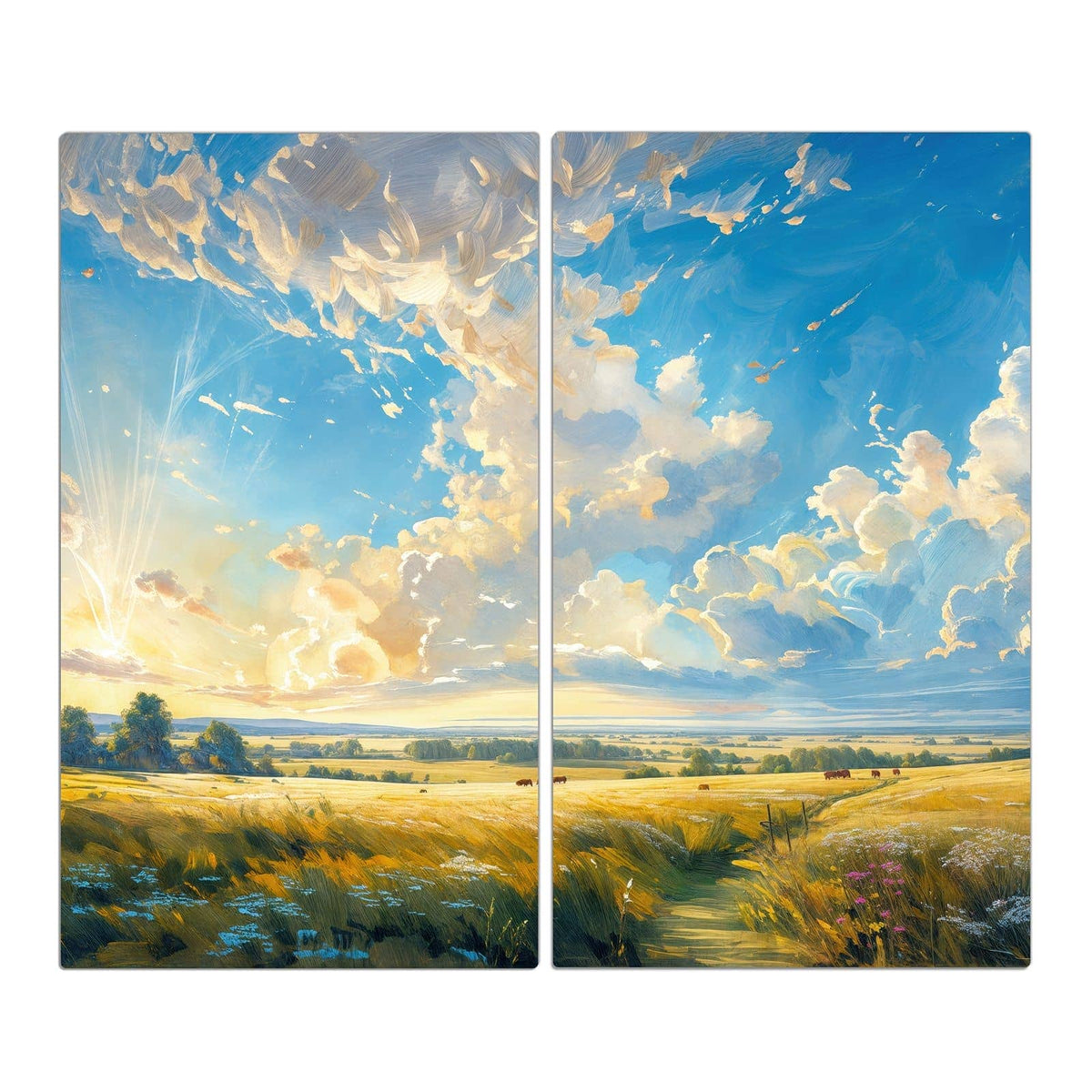 Gemaltes goldenes Feld mit Pfad und Kühen unter weitem Wolkenhimmel
