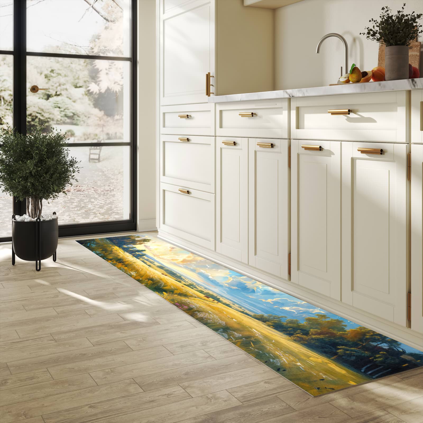 Farbbeständiger Küchenteppich mit Motiv Landschaft mit Wolken in heller Küche