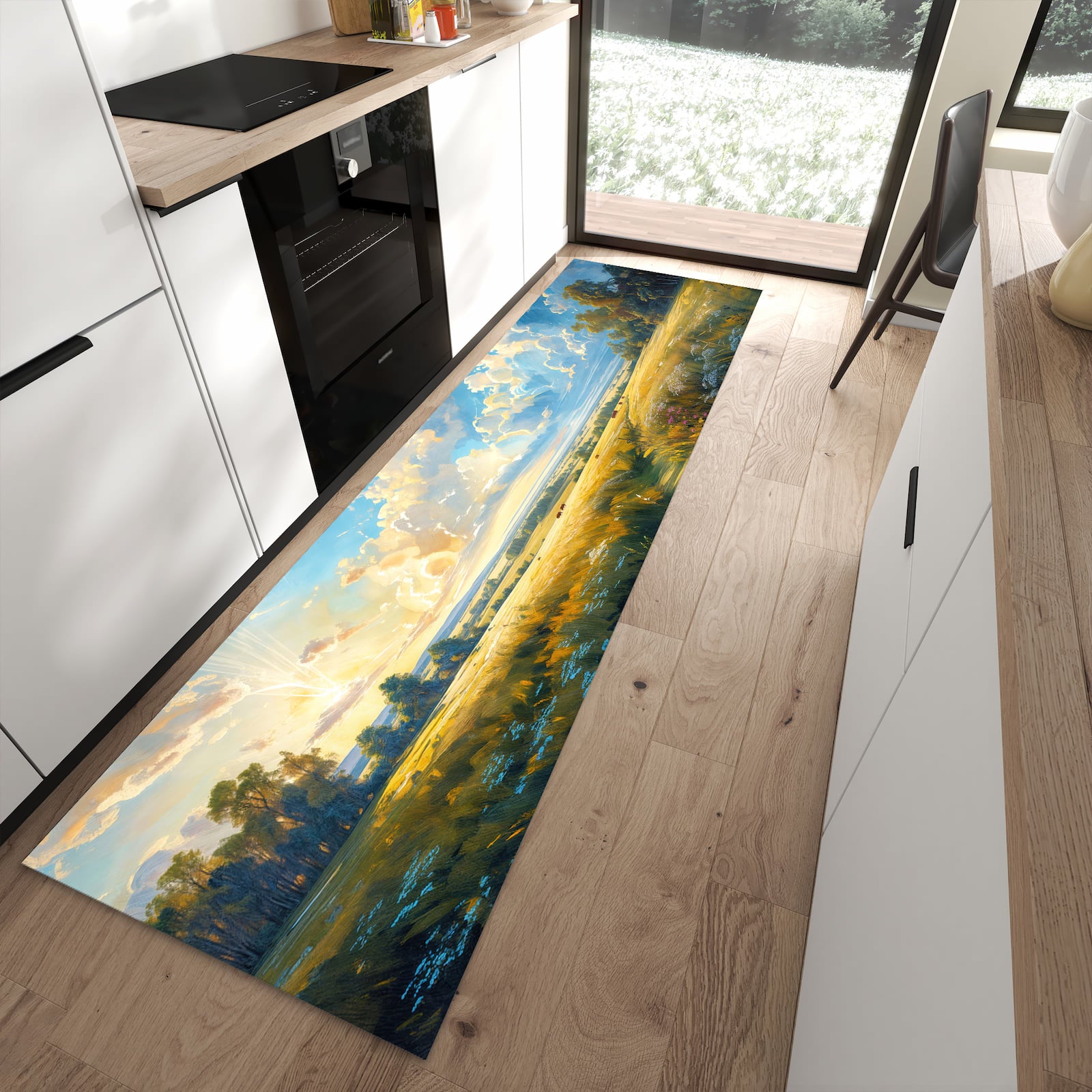 Pflegeleichter Küchenteppich mit Motiv Landschaft mit Wolken in moderner Küche