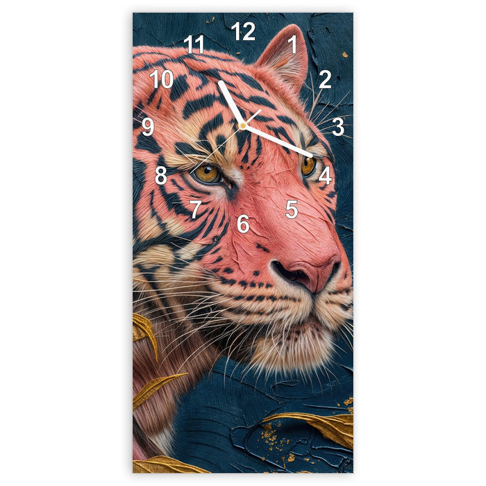 Wanduhr Tiger Porträt aus Glas – Hochformat 30 × 60 cm mit Ziffernblatt Modern