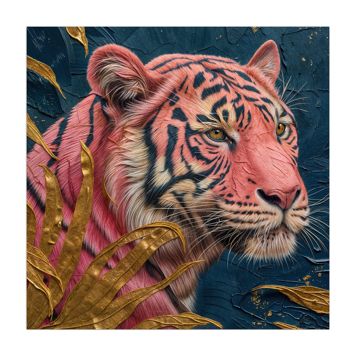 Tigerkopf mit rosa-pinkem Fell vor dunkelblauem Grund, davor goldene Blätter