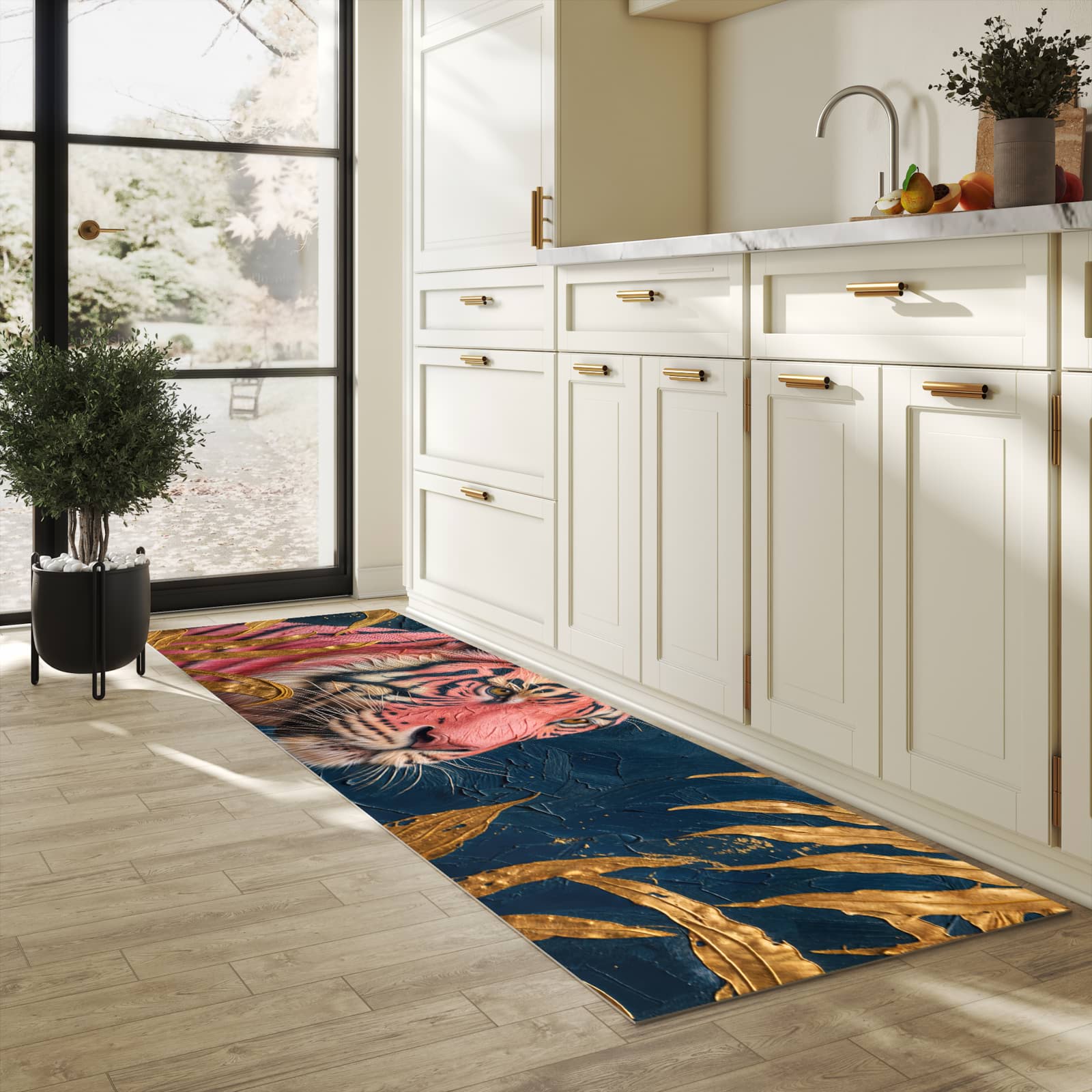 Hygienischer Teppich fürs Esszimmer mit Motiv Tiger Porträt in heller Küche