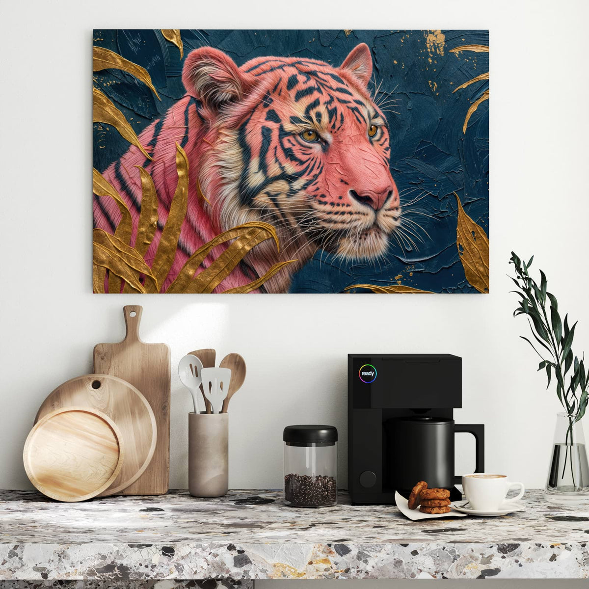 Metall Magnettafel - Pinker Tiger – Pinker Tiger mit goldenen Blättern