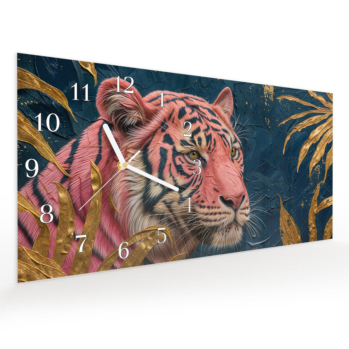 Vormontiert – mit Schwebeeffekt – Wanduhr Tiger Porträt aus Glas – Querformat 60 × 30 cm