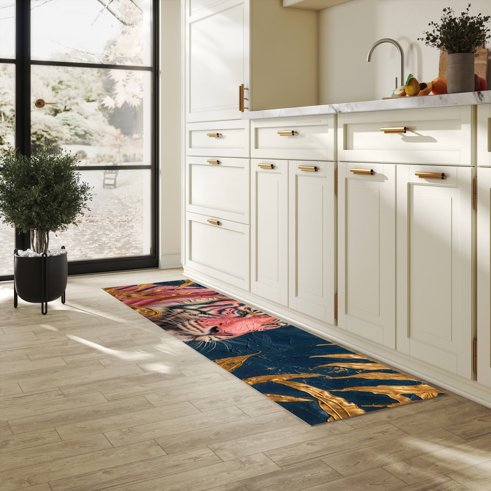 Flacher Küchenläufer mit Motiv Tiger Porträt in heller Küche für lange Teppiche